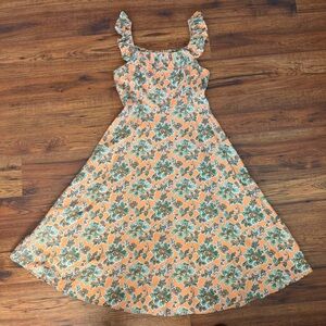 Ann Taylor Floral Cotton Linen Ruffle Square Neck Flare Dress —Size US 2